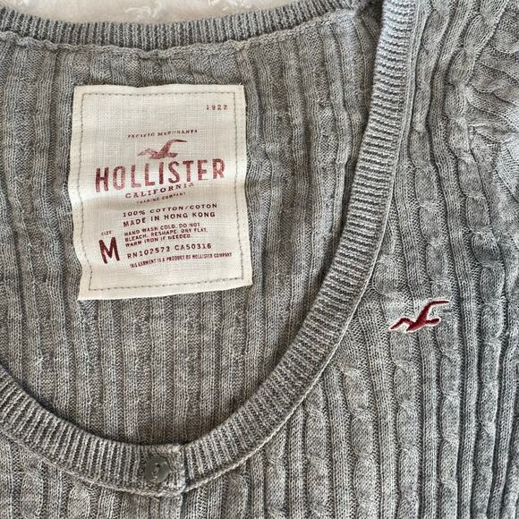 Y2K Hollister Scoop Neck Top Womens Sz Medium Babydoll Cable Knit Button Grey - Picture 3 of 3